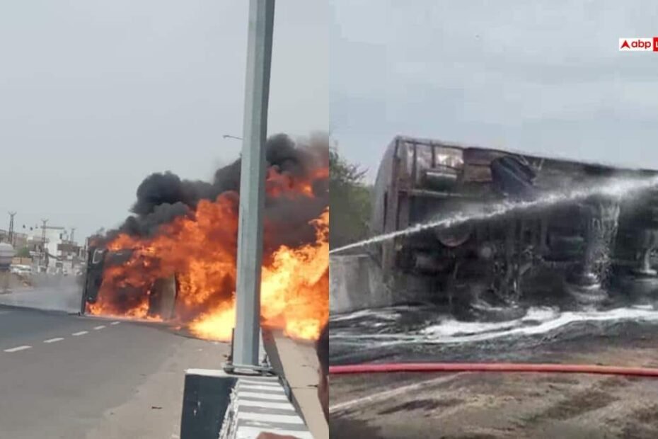 jalore-accident:-सांचौर-नेशनल-हाईवे-पर-पलटा-तेल-टैंकर,-आग-में-जिंदा-जला-एक-व्यक्ति