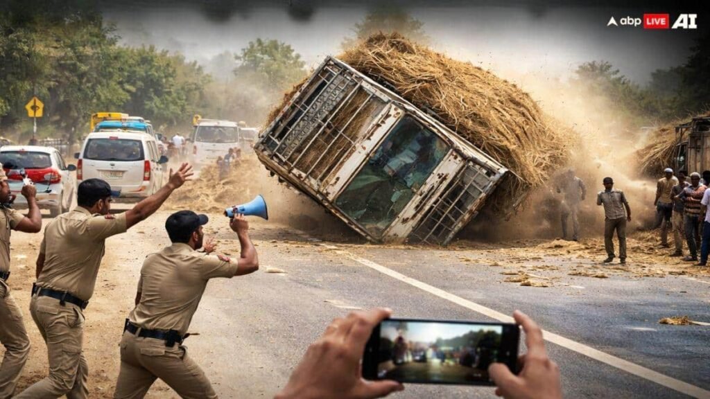 mp-news:-‘आगे-मत-बढ़ो,-ट्रक-असंतुलित-है’,-राजगढ़-में-तिरछा-दौड़ता-रहा-भूसे-से-भरा-ट्रक,-पुलिस-चीखती-रही-और-फिर…