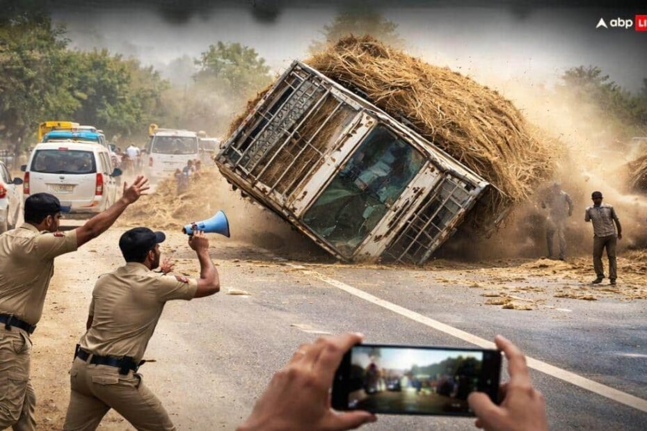 mp-news:-‘आगे-मत-बढ़ो,-ट्रक-असंतुलित-है’,-राजगढ़-में-तिरछा-दौड़ता-रहा-भूसे-से-भरा-ट्रक,-पुलिस-चीखती-रही-और-फिर…
